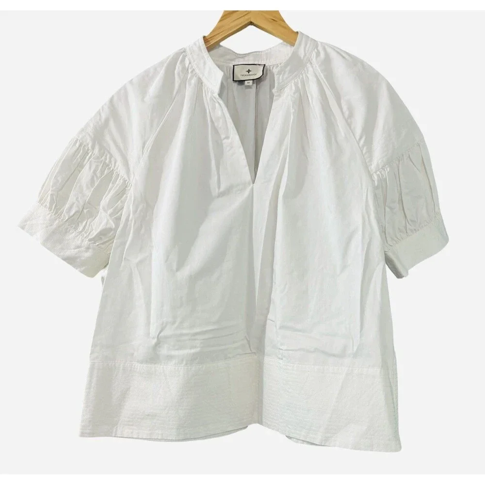 Tuckernuck Ruthie White Short Puff Sleeve V Neck Button Cuff Blouse Size Medium